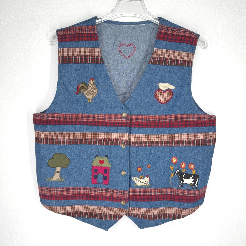 Vintage Denim Folk Art Applique Vest Blue Plaid Country Farmhouse Cow Rooster